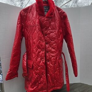Neutral Zone Vinyl Red Coat, Wet Look,pvc, quilted rose floral pattern